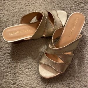 Gold Jack Rogers wedge heel sandals, size 9.